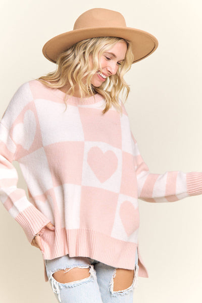 CHECKERED HEART GRAPHIC KNIT SWEATER- LESW4056: IVORY/BLUSH / S-M-L(2-2-2)