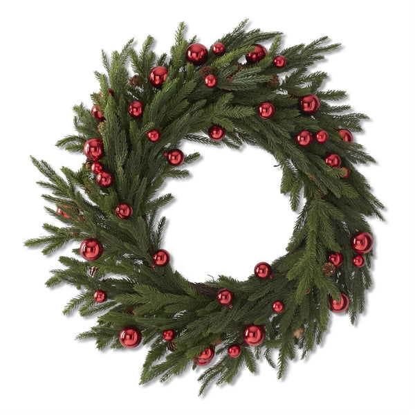 30 Inch Real Touch Pine Wreath w/Ornaments & Mini Pinecones
