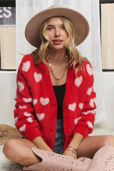 LOVELY HEART FUZZY SWEATER CARDIGAN- LESW3423: RED/IVORY / S-M-L(2-2-2)