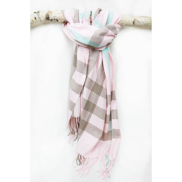Wool Plaid Cashmere Scarf With Tassel: PINK / ONE
