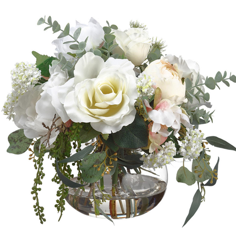 12" Peony/Rose/Eucalyptus in glass Vase  12"