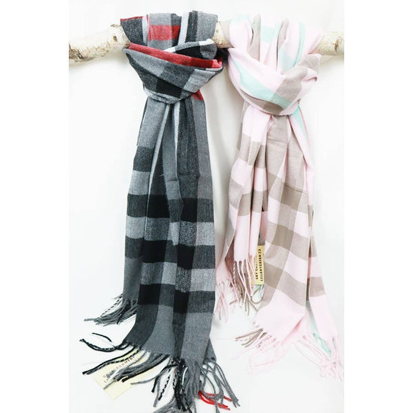 Wool Plaid Cashmere Scarf With Tassel: RED / ONE