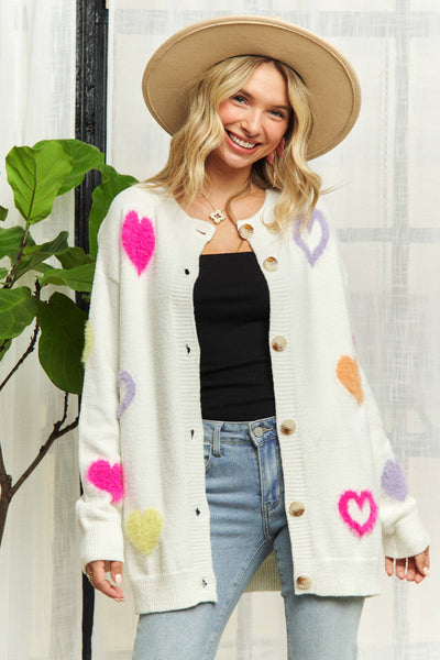 HEART SWEATER CARDIGAN- LESW3249: OFF WHITE / S-M-L(2-2-2)