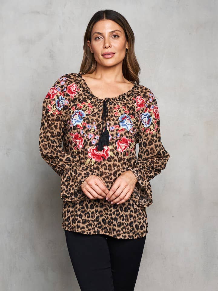 Cheetah Print Peasant Top w/ Embroidery
