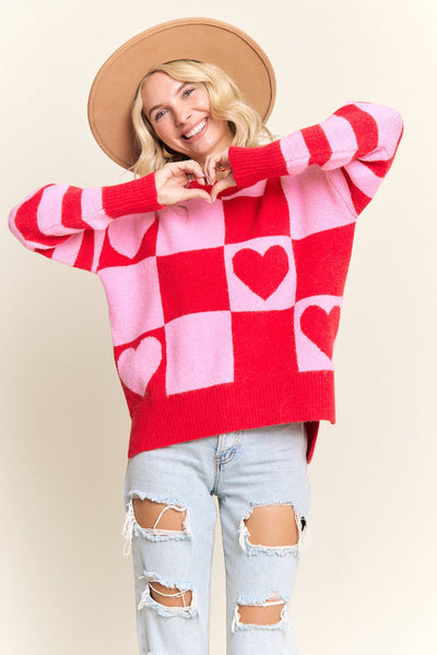 CHECKERED HEART GRAPHIC KNIT SWEATER- LESW4056: IVORY/BLUSH / S-M-L(2-2-2)