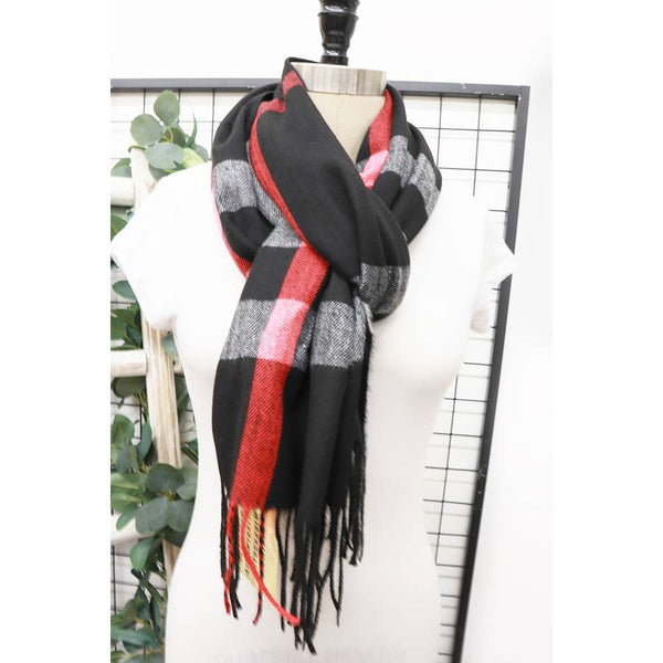 Plaid Cashmere Scarf With Tassel: BLACK / ONE