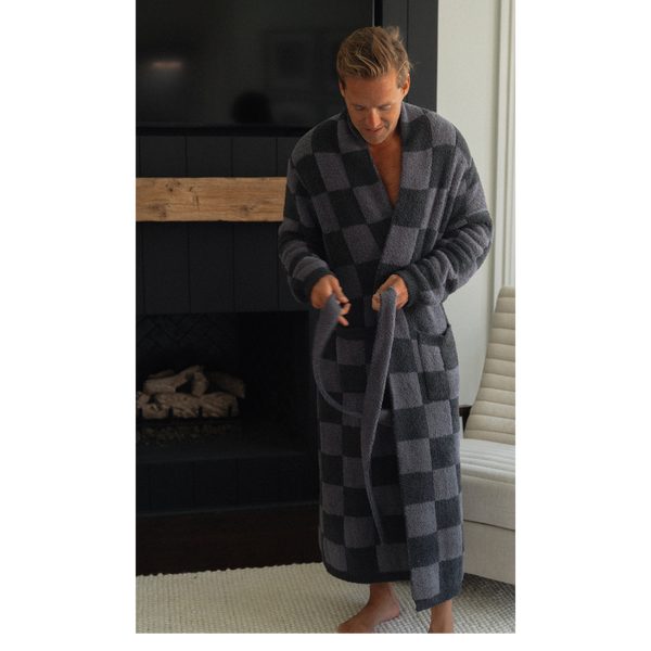 Local Beach Men's Cozy Checker Robe: Gray/Dark Gray / One Size Fits Most