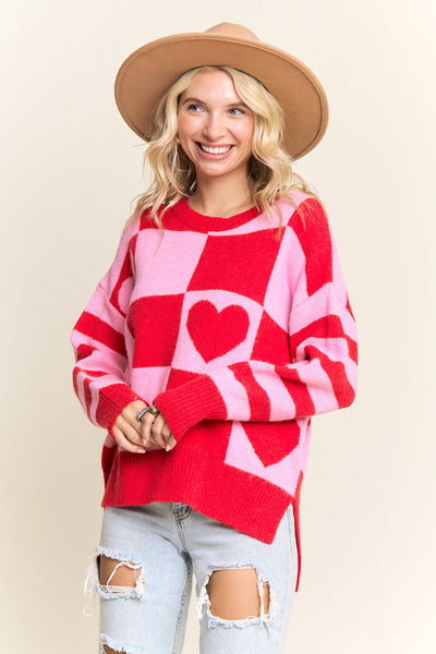 CHECKERED HEART GRAPHIC KNIT SWEATER- LESW4056: IVORY/BLUSH / S-M-L(2-2-2)