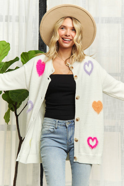 HEART SWEATER CARDIGAN- LESW3249: OFF WHITE / S-M-L(2-2-2)