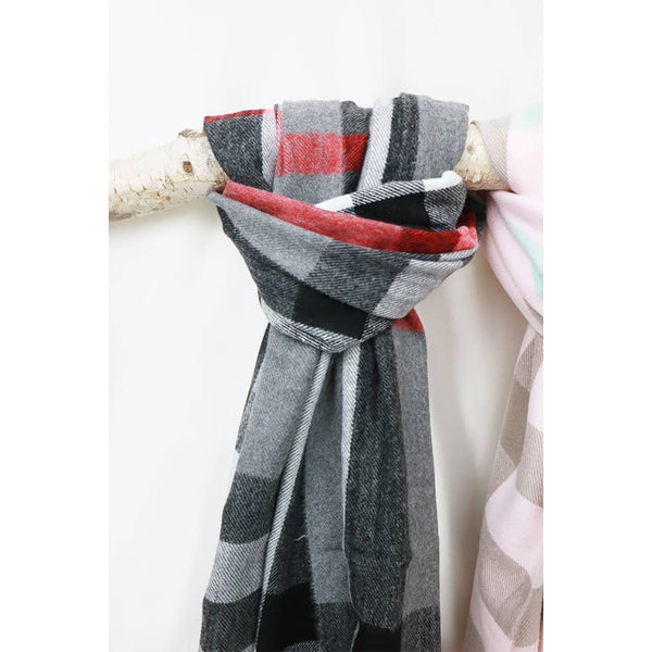 Wool Plaid Cashmere Scarf With Tassel: RED / ONE