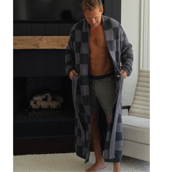 Local Beach Men's Cozy Checker Robe: Gray/Dark Gray / One Size Fits Most