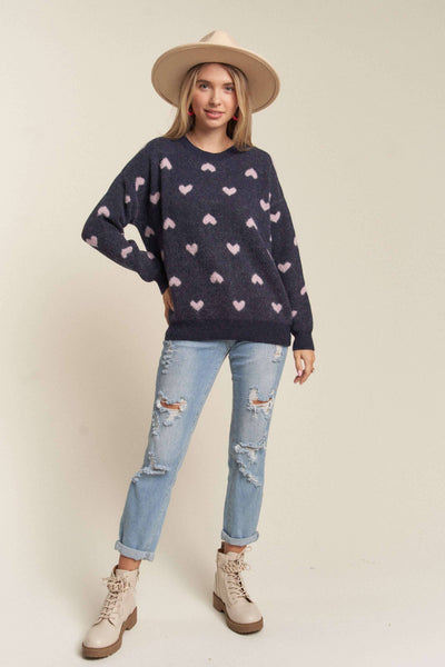 LESW3205X-1x PLUS SIZE HEART CUTESY SWEATER TOP: NAVY