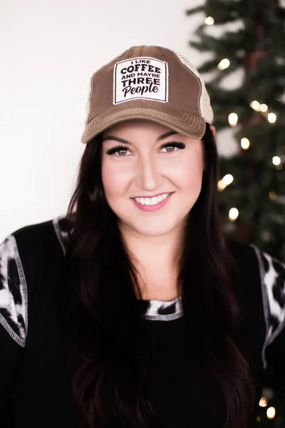 I Like Coffee And Maybe Three People Distressed Trucker Cap