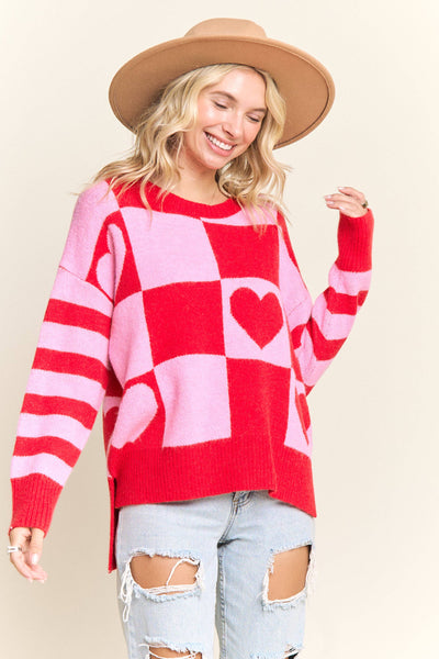 CHECKERED HEART GRAPHIC KNIT SWEATER- LESW4056: IVORY/BLUSH / S-M-L(2-2-2)