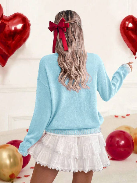 LDC Valentine Love Chenille Letter Graphic Sweater: Fiery Red / L