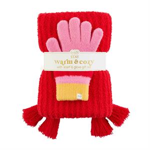 Red Color-Block Scarf & Glove Set