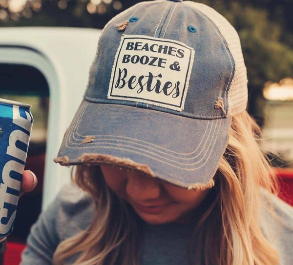 Beaches Booze & Besties Distressed Trucker Hat Baseball Cap