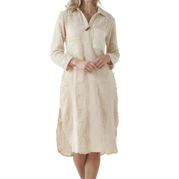Beige Linen Fringe Squares Dress