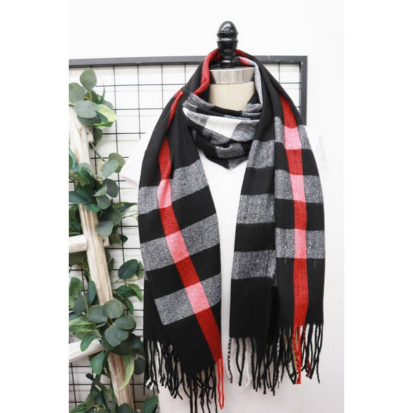 Plaid Cashmere Scarf With Tassel: BLACK / ONE
