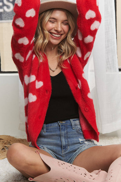 LOVELY HEART FUZZY SWEATER CARDIGAN- LESW3423: RED/IVORY / S-M-L(2-2-2)