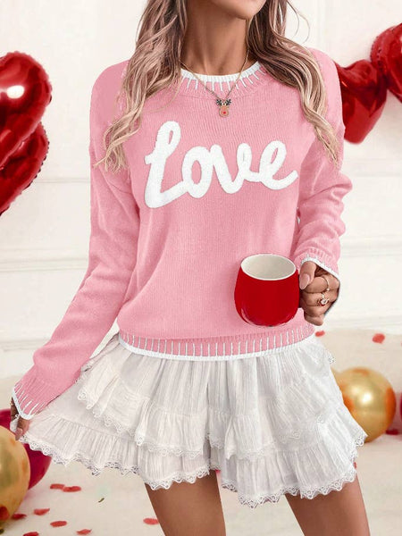 LDC Valentine Love Chenille Letter Graphic Sweater: Fiery Red / S