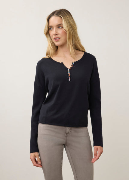 Notch Neck Rib Sleeve Sweater