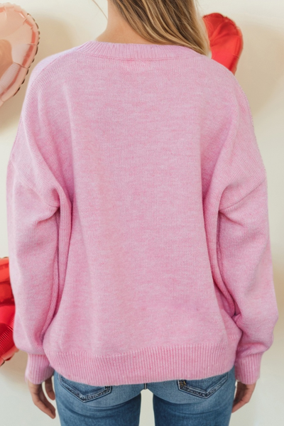 LDC Valentines Corded Love Script Graphic Baggy Sweater: Pink / S
