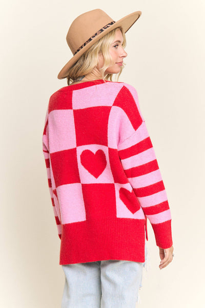 CHECKERED HEART GRAPHIC KNIT SWEATER- LESW4056: IVORY/BLUSH / S-M-L(2-2-2)