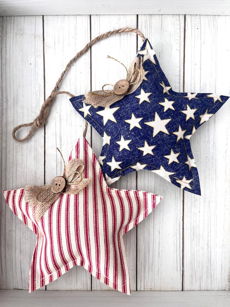 3 Pack | 4th of July Rustic Hanging Stars | Red Ticking