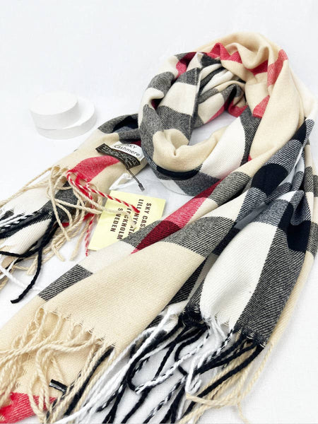 Wool Plaid Cashmere Scarf With Tassel: PINK / ONE