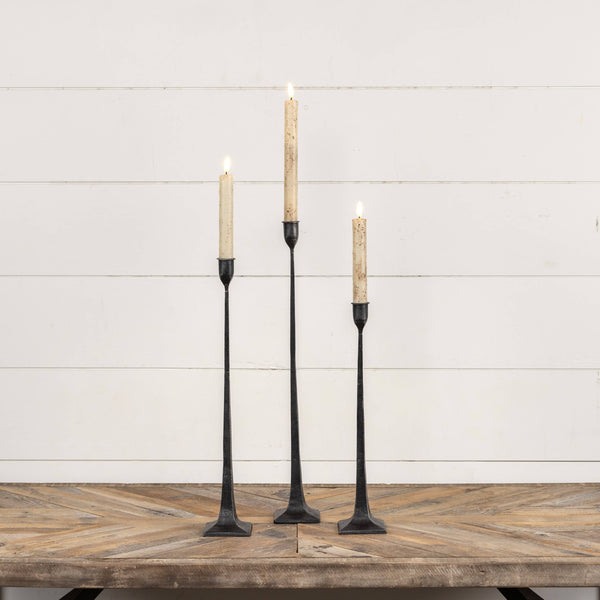 SET/ 3 FORGED BLACK TAPER CANDLESTICKS