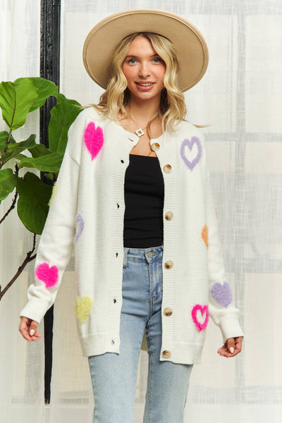 HEART SWEATER CARDIGAN- LESW3249: OFF WHITE / S-M-L(2-2-2)
