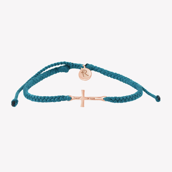 Made 4 Ministries azure blue rose gold cross braided friendship bracelet engraved CHILD OF GOD by Rizen Jewelry