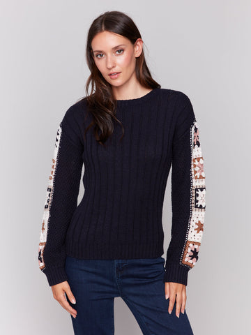 Crew Neck Sweater knit with Crochet Sleeves