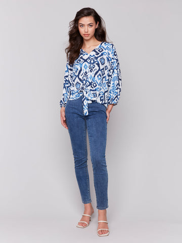Printed Bat Sleeve Popover Blouse With Front Ties
