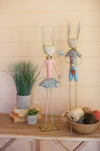 Painted Metal Long Legged Boy and Girl Rabbits