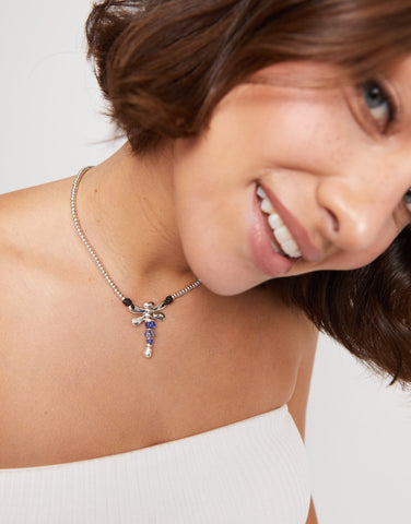 Short sterling silver-plated necklace with dragonfly and blue handcrafted crystals