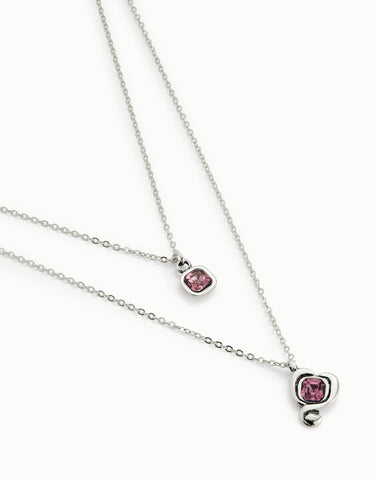 Sterling silver-plated pendant with double chain and hearts with pink crystal