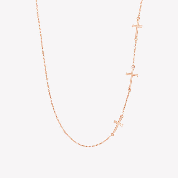 Rizen Jewelry  Calvary Cross Necklace with 3 sideways crosses on dainty cable chain in rose gold vermeil finish.   