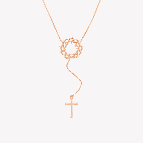 Rose Gold Vermeil Crown of Thorns Y Necklace with Cross Pendant by Rizen Jewelry. 