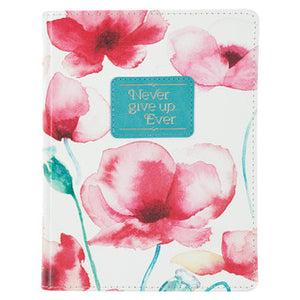 Never Give Up Coral Poppies Handy Size Faux Leather Journal