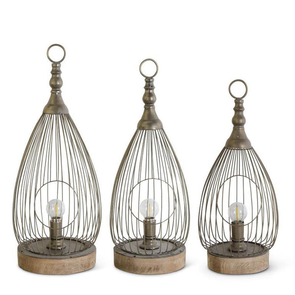 Metal Cage Teardrop LED Lantern with Wood