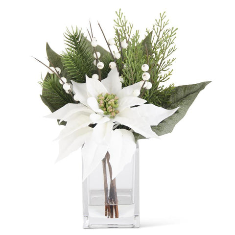 White Poinsettia and Pine in Glass Vase