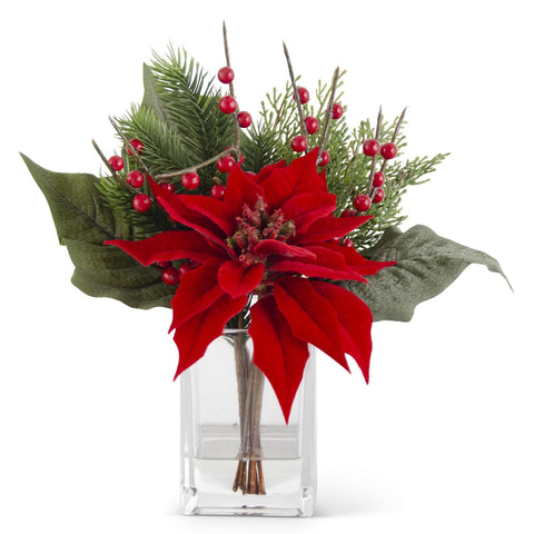 Red Poinsettia and Pine in Glass Vase