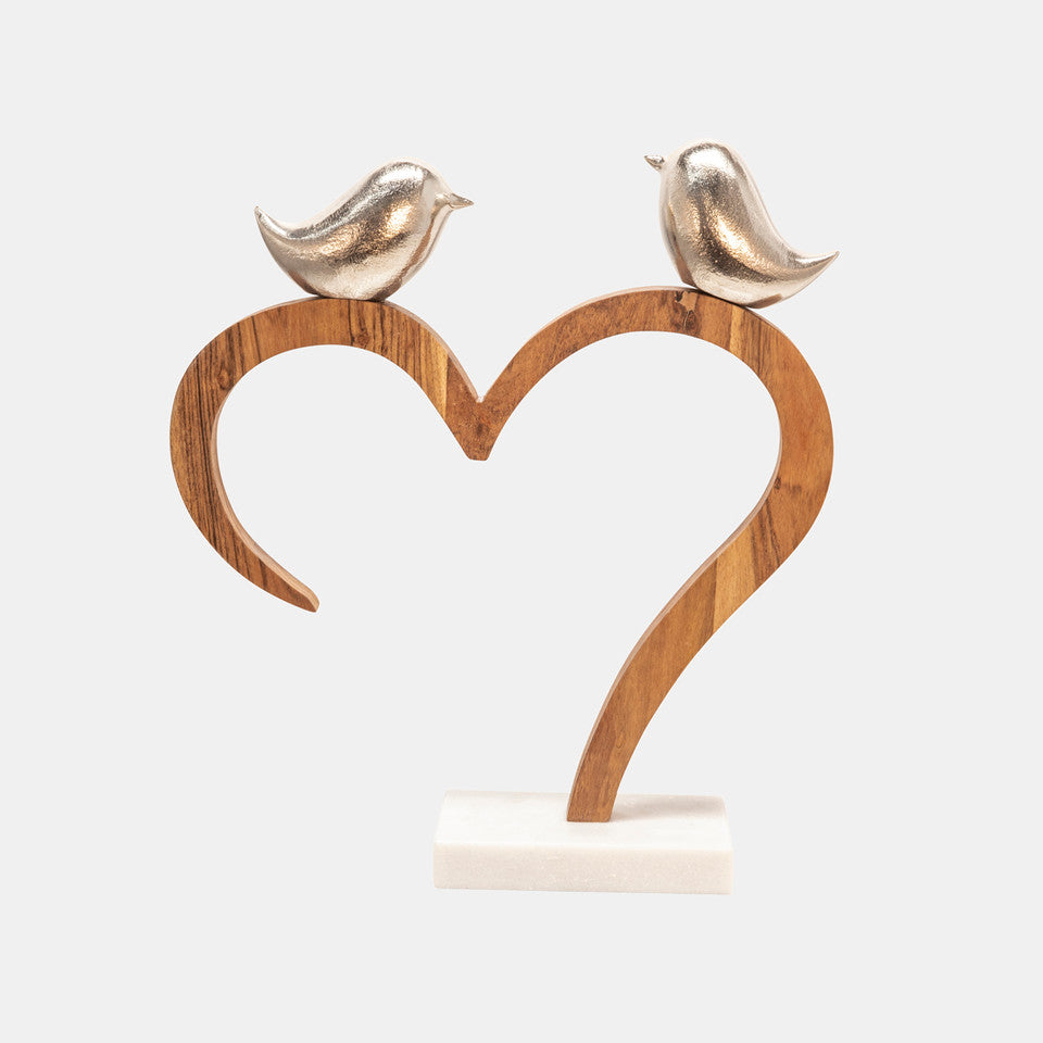 Perched Silver Birds on Wood Heart