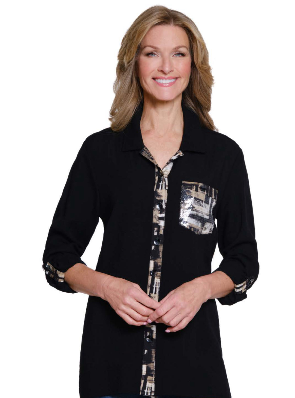 Multiples Roll-Tab L/S 3 pocket Button Front Hi-Lo Shirt