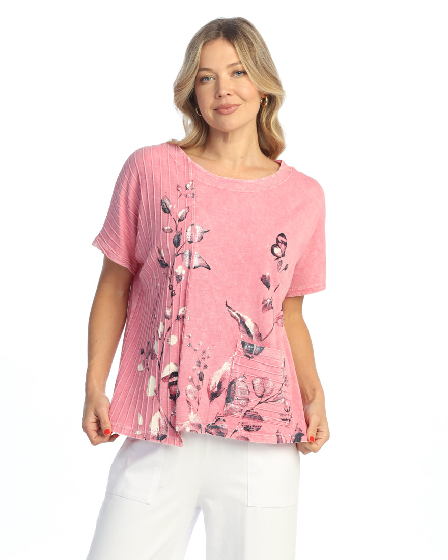 MINERAL WASHED 100% COTTON SHORT-SLEEVE TOP W/ FAT RIB CONTRAST AND POCKET Rose Botanica