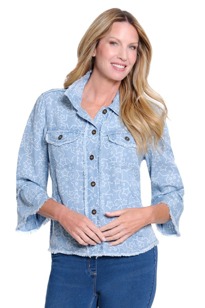 Twill & Denim Jacket with Fringe Hem Trim