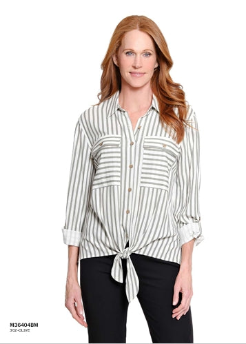 Roll Tab L/S Drop Shoulder 2-Pocket Tie Waist Button Front Woven Shirt
