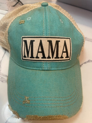 "Mama" Distressed Trucker Hat  Turquoise